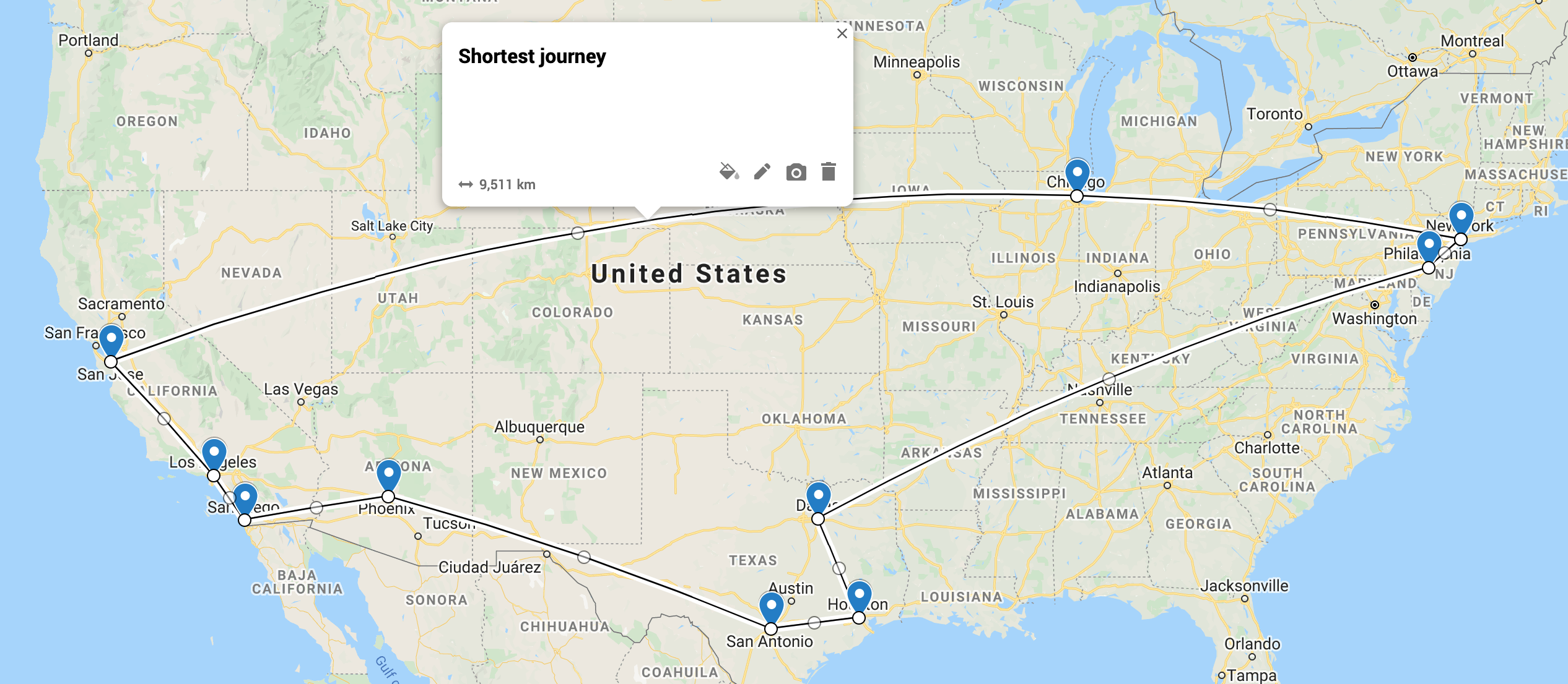 Map of shortest journey around 10 cities in the US