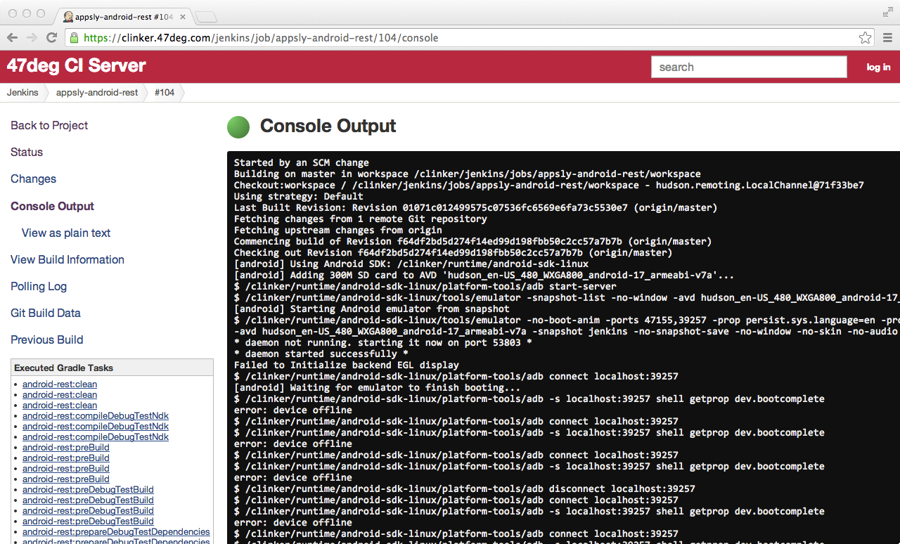 Jenkins CI build Console at Clinker!