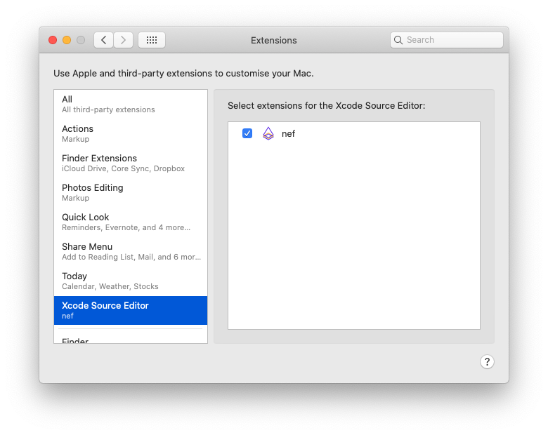 How to enable nef Xcode extension
