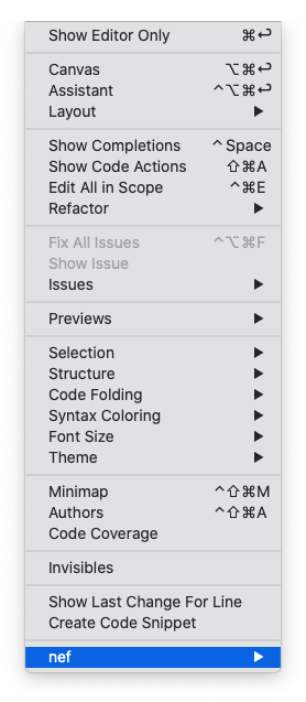 nef Xcode extension will be installed in Editor menu